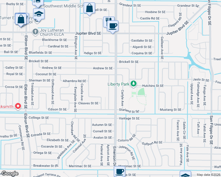 map of restaurants, bars, coffee shops, grocery stores, and more near 2204 Emerson Drive Southeast in Palm Bay