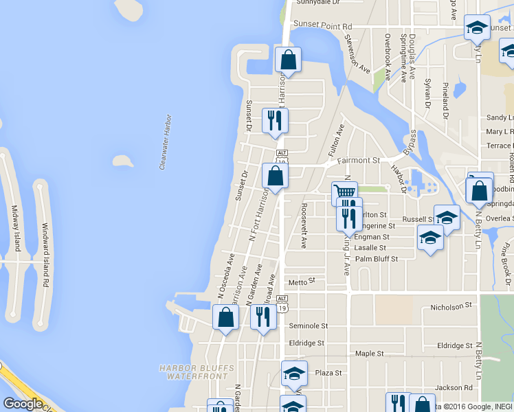 map of restaurants, bars, coffee shops, grocery stores, and more near 1309 North Fort Harrison Avenue in Clearwater