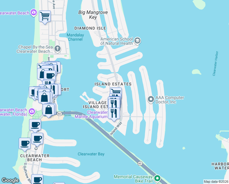 map of restaurants, bars, coffee shops, grocery stores, and more near 330 Larboard Way in Clearwater