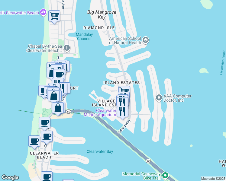 map of restaurants, bars, coffee shops, grocery stores, and more near 240 Windward Passage in Clearwater