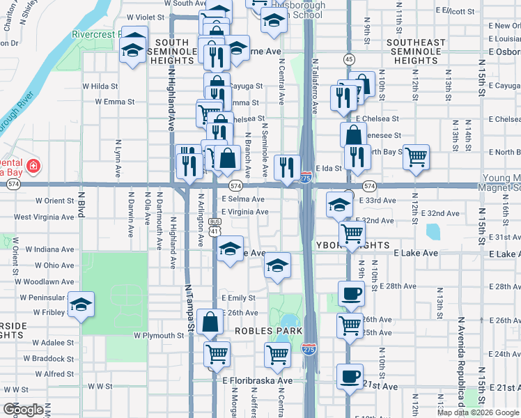map of restaurants, bars, coffee shops, grocery stores, and more near 402 East Virginia Avenue in Tampa