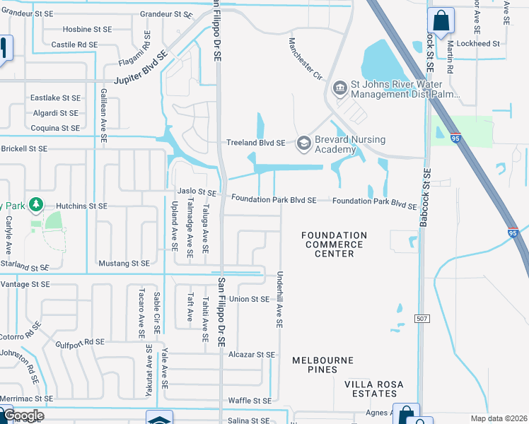 map of restaurants, bars, coffee shops, grocery stores, and more near 1353 Talleyrand Street Southeast in Palm Bay