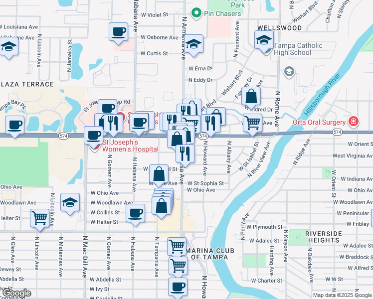 map of restaurants, bars, coffee shops, grocery stores, and more near in Tampa
