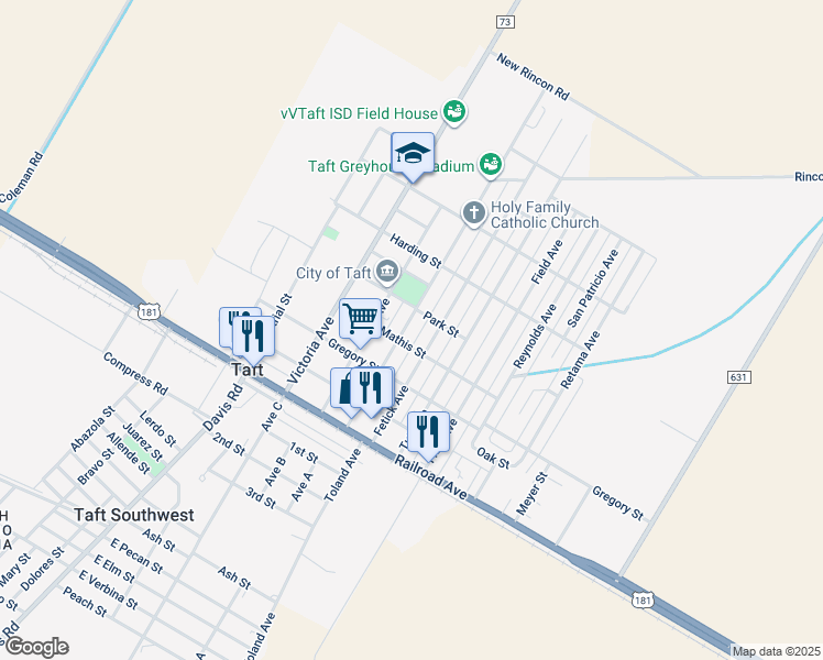 map of restaurants, bars, coffee shops, grocery stores, and more near 414 McIntyre Avenue in Taft