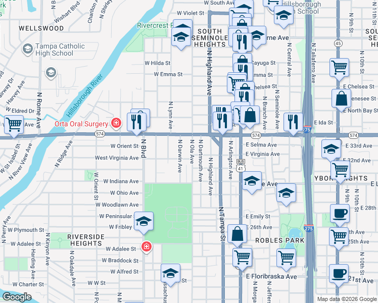 map of restaurants, bars, coffee shops, grocery stores, and more near 3918 North Ola Avenue in Tampa