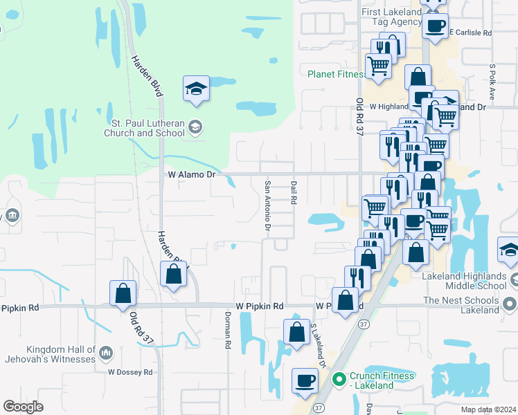 map of restaurants, bars, coffee shops, grocery stores, and more near 4655 Dimbath Drive in Lakeland