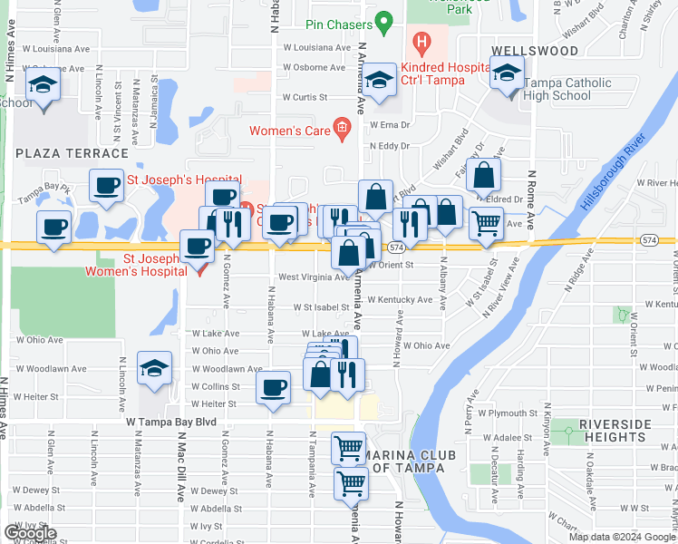 map of restaurants, bars, coffee shops, grocery stores, and more near 2507 West Virginia Avenue in Tampa