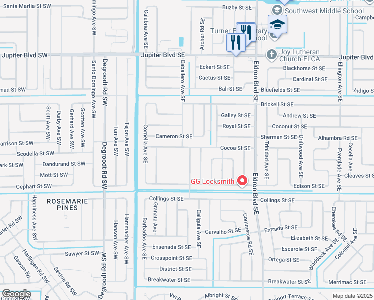 map of restaurants, bars, coffee shops, grocery stores, and more near 234 Cameron Street Southeast in Palm Bay