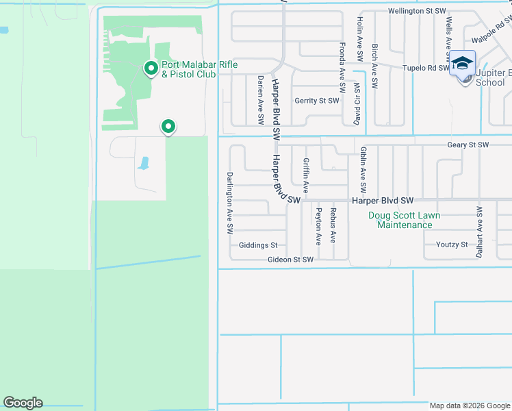 map of restaurants, bars, coffee shops, grocery stores, and more near 1349 Gibbs Road Southwest in Palm Bay