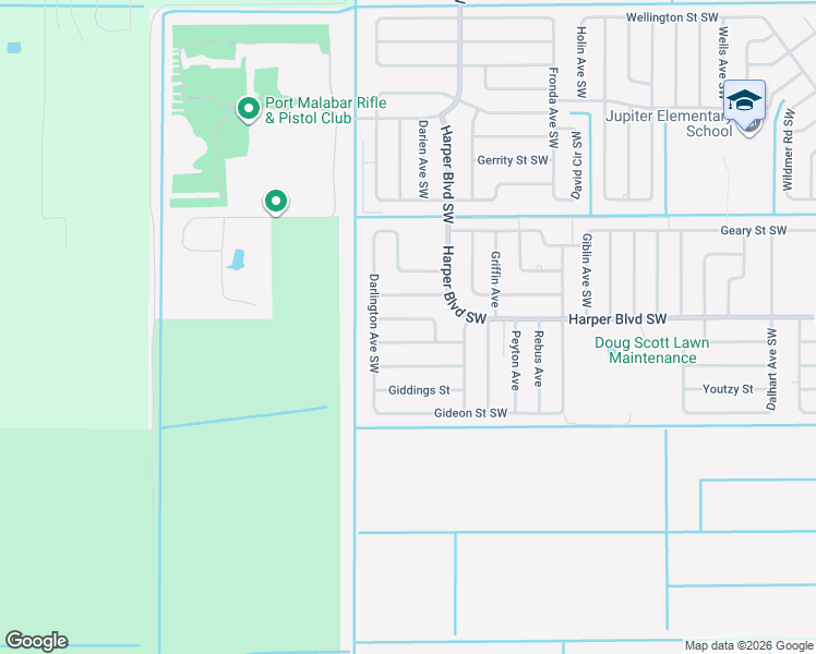 map of restaurants, bars, coffee shops, grocery stores, and more near 1349 Gibbs Road Southwest in Palm Bay
