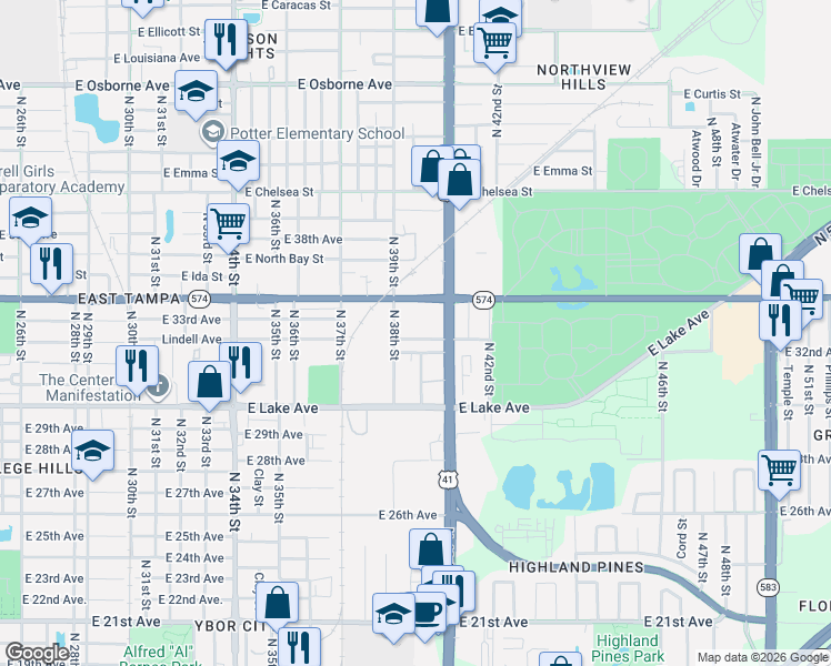 map of restaurants, bars, coffee shops, grocery stores, and more near 3907 North 38th Street in Tampa