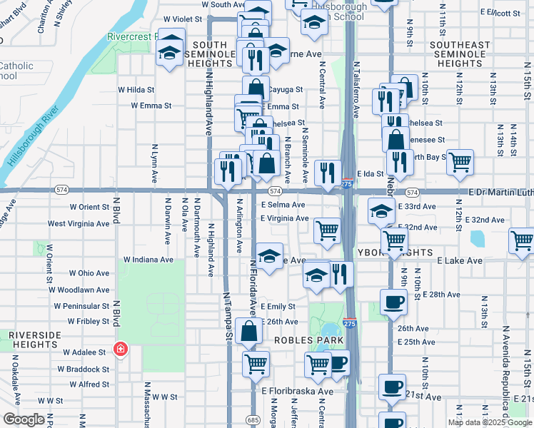 map of restaurants, bars, coffee shops, grocery stores, and more near 3908 North Suwanee Avenue in Tampa