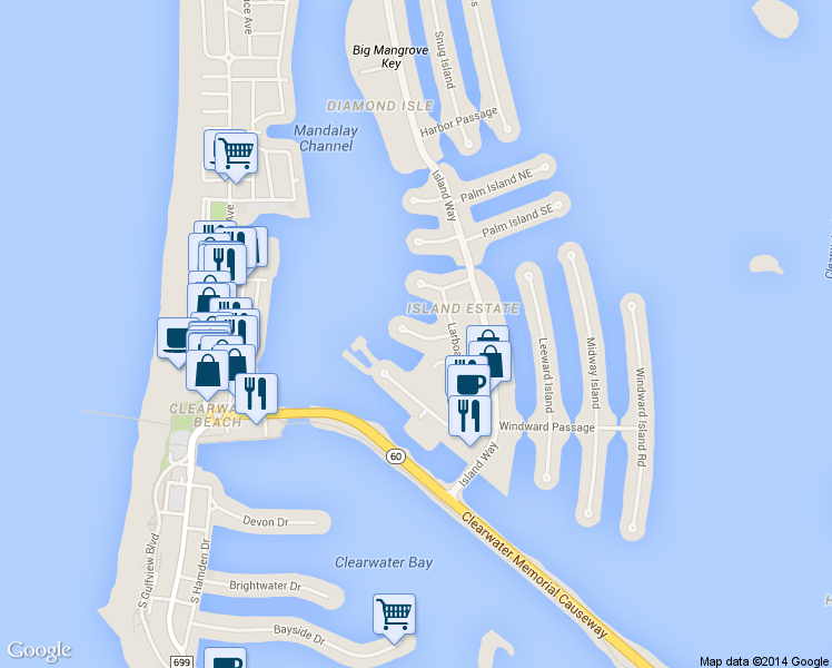 map of restaurants, bars, coffee shops, grocery stores, and more near 210 Dolphin Point in Clearwater