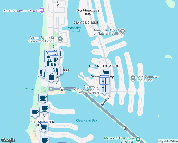 map of restaurants, bars, coffee shops, grocery stores, and more near 210 Dolphin Point in Clearwater