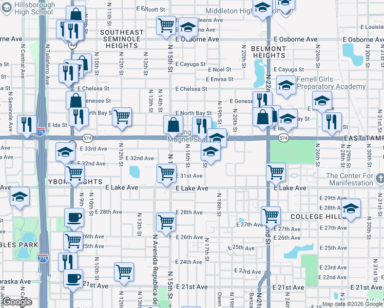 map of restaurants, bars, coffee shops, grocery stores, and more near 1603 East 33rd Avenue in Tampa