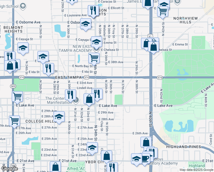 map of restaurants, bars, coffee shops, grocery stores, and more near 3504 East 33rd Avenue in Tampa