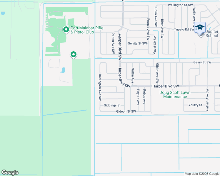 map of restaurants, bars, coffee shops, grocery stores, and more near 1349 Gibbs Road Southwest in Palm Bay