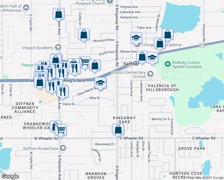 map of restaurants, bars, coffee shops, grocery stores, and more near 1816 Craven Drive in Seffner