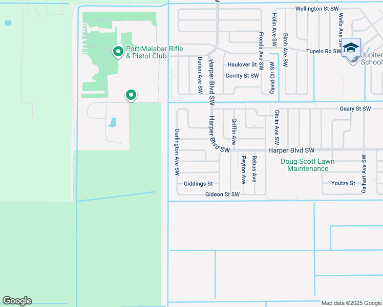 map of restaurants, bars, coffee shops, grocery stores, and more near 1349 Gibbs Road Southwest in Palm Bay