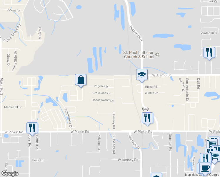 map of restaurants, bars, coffee shops, grocery stores, and more near 1116 Pogonia Drive in Lakeland