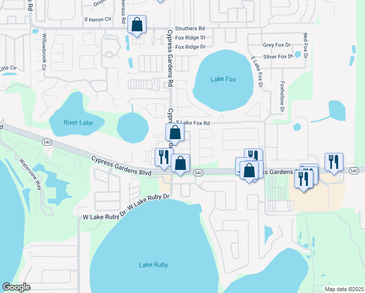 map of restaurants, bars, coffee shops, grocery stores, and more near 5 Twilight Lane in Winter Haven