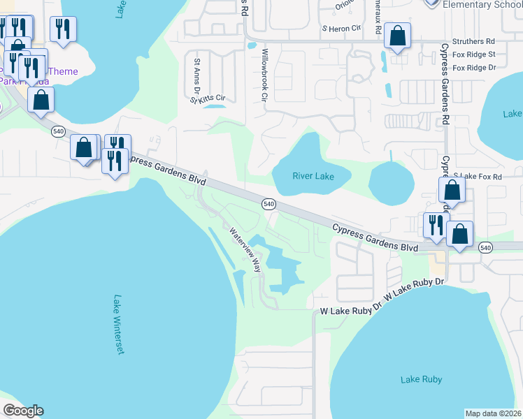 map of restaurants, bars, coffee shops, grocery stores, and more near 142 Morning Glory Circle in Winter Haven