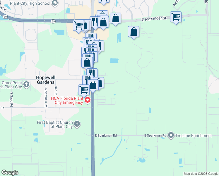 map of restaurants, bars, coffee shops, grocery stores, and more near 208 East Rayburn Road in Plant City