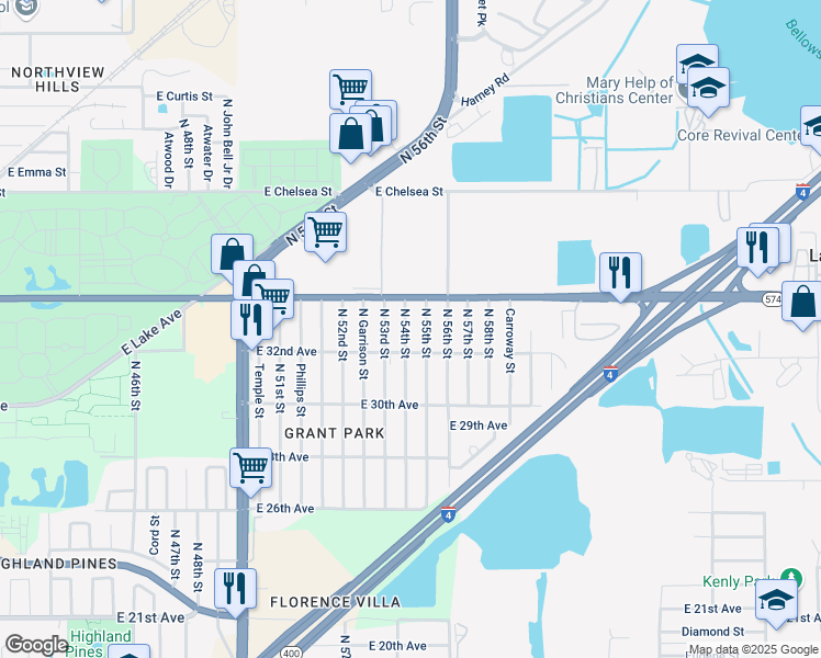map of restaurants, bars, coffee shops, grocery stores, and more near 3817 North 54th Street in Tampa