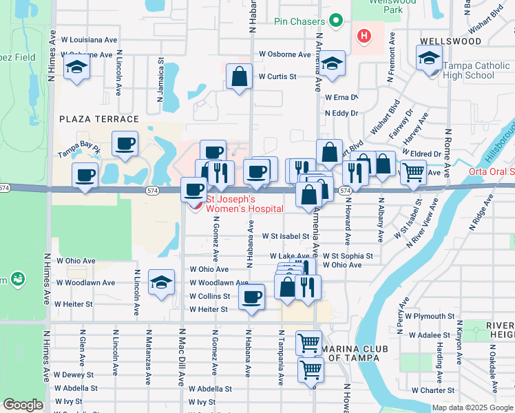 map of restaurants, bars, coffee shops, grocery stores, and more near 2734 West Martin Luther King Junior Boulevard in Tampa