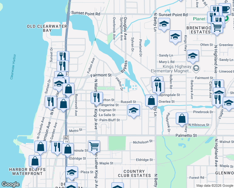 map of restaurants, bars, coffee shops, grocery stores, and more near 1505 North Madison Avenue in Clearwater