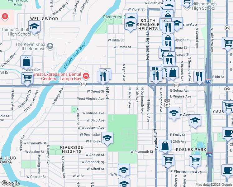 map of restaurants, bars, coffee shops, grocery stores, and more near in Tampa