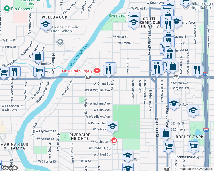map of restaurants, bars, coffee shops, grocery stores, and more near 707 West Orient Street in Tampa