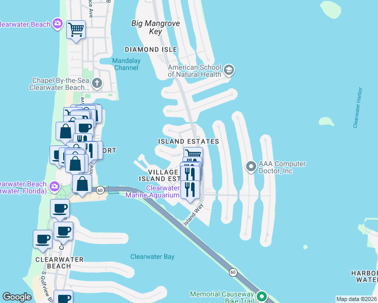 map of restaurants, bars, coffee shops, grocery stores, and more near 310 Island Way in Clearwater