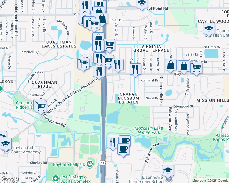 map of restaurants, bars, coffee shops, grocery stores, and more near 21 Coachman Plaza Drive in Clearwater