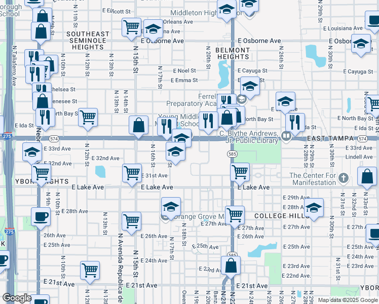 map of restaurants, bars, coffee shops, grocery stores, and more near 1807 East Doctor Martin Luther King Junior Boulevard in Tampa