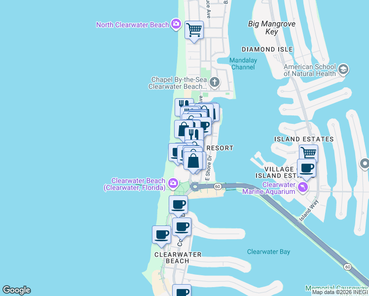 map of restaurants, bars, coffee shops, grocery stores, and more near 11 San Marco Street in Clearwater Beach
