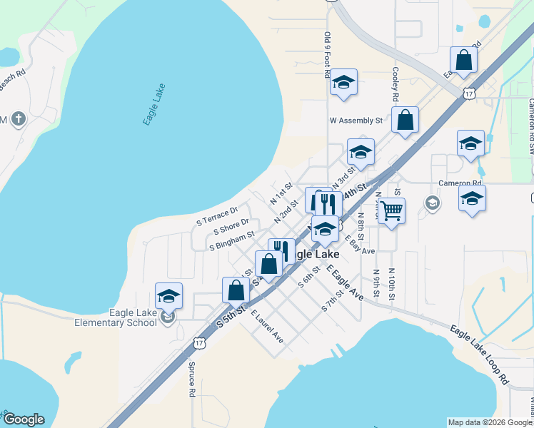map of restaurants, bars, coffee shops, grocery stores, and more near 199 South Terrace Drive in Eagle Lake