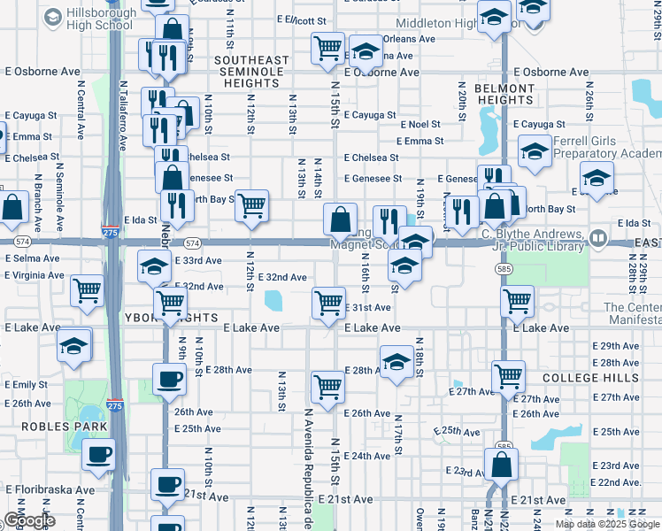 map of restaurants, bars, coffee shops, grocery stores, and more near 3818 North 15th Street in Tampa