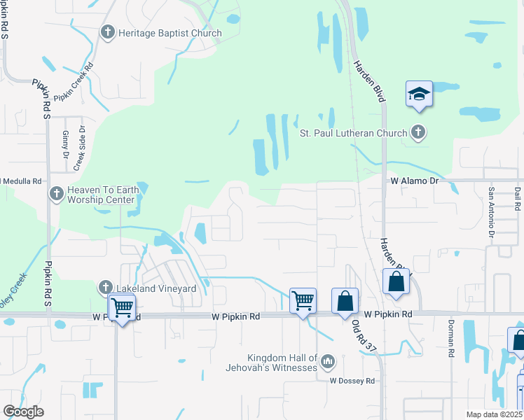 map of restaurants, bars, coffee shops, grocery stores, and more near 1305 Bramblewood Drive in Lakeland