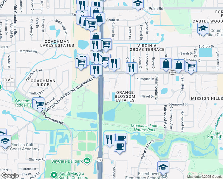 map of restaurants, bars, coffee shops, grocery stores, and more near 21 Coachman Plaza Drive in Clearwater