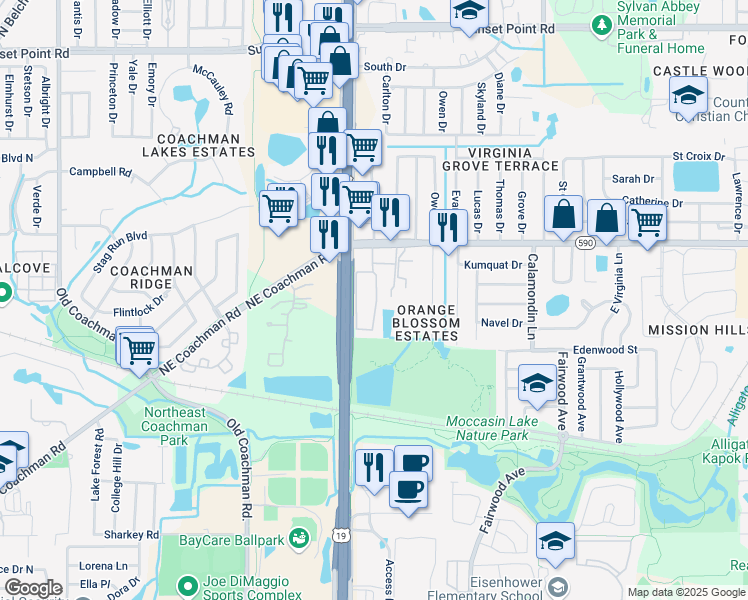 map of restaurants, bars, coffee shops, grocery stores, and more near 21 Coachman Plaza Drive in Clearwater