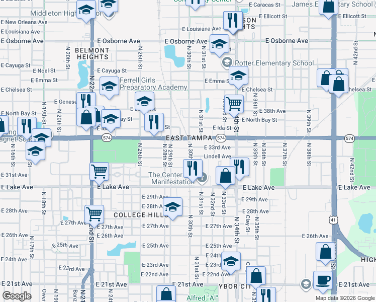 map of restaurants, bars, coffee shops, grocery stores, and more near 2920 East 33rd Avenue in Tampa