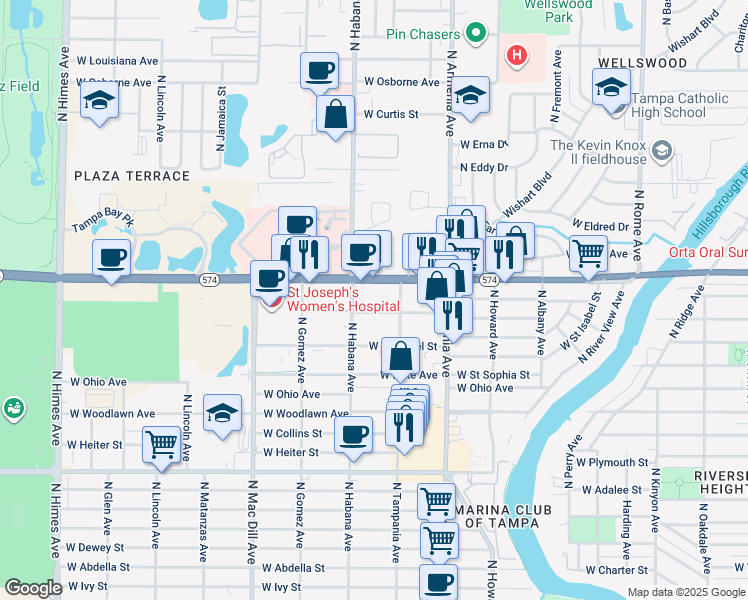map of restaurants, bars, coffee shops, grocery stores, and more near 2734 West Martin Luther King Junior Boulevard in Tampa