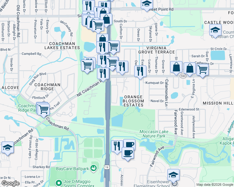 map of restaurants, bars, coffee shops, grocery stores, and more near 2625 Florida 590 in Clearwater