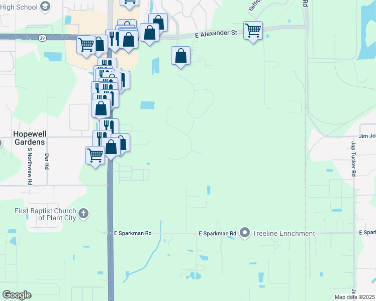 map of restaurants, bars, coffee shops, grocery stores, and more near 2712 Holly Bluff Court in Plant City