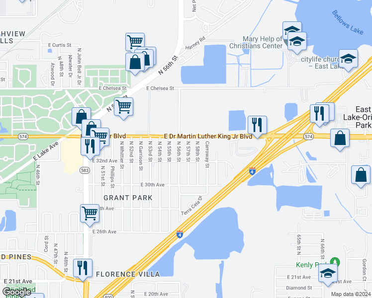 map of restaurants, bars, coffee shops, grocery stores, and more near 3814 North 57th Street in Tampa