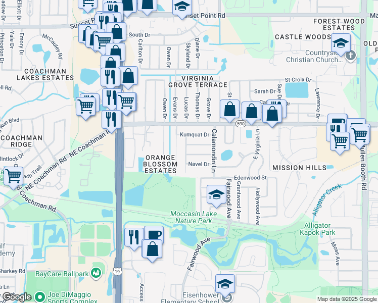 map of restaurants, bars, coffee shops, grocery stores, and more near 2730 Avocado Drive in Clearwater