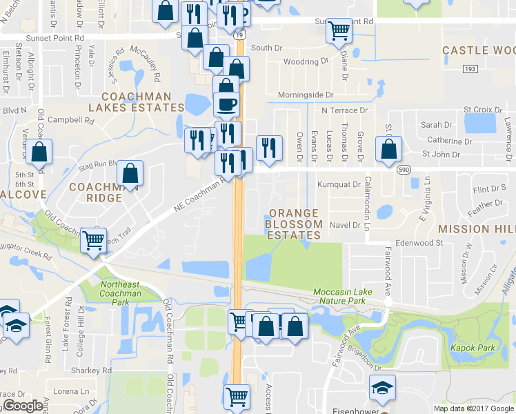 map of restaurants, bars, coffee shops, grocery stores, and more near 21 Coachman Plaza Drive in Clearwater