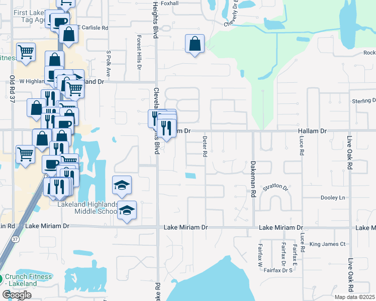 map of restaurants, bars, coffee shops, grocery stores, and more near 1110 Knights Place in Lakeland