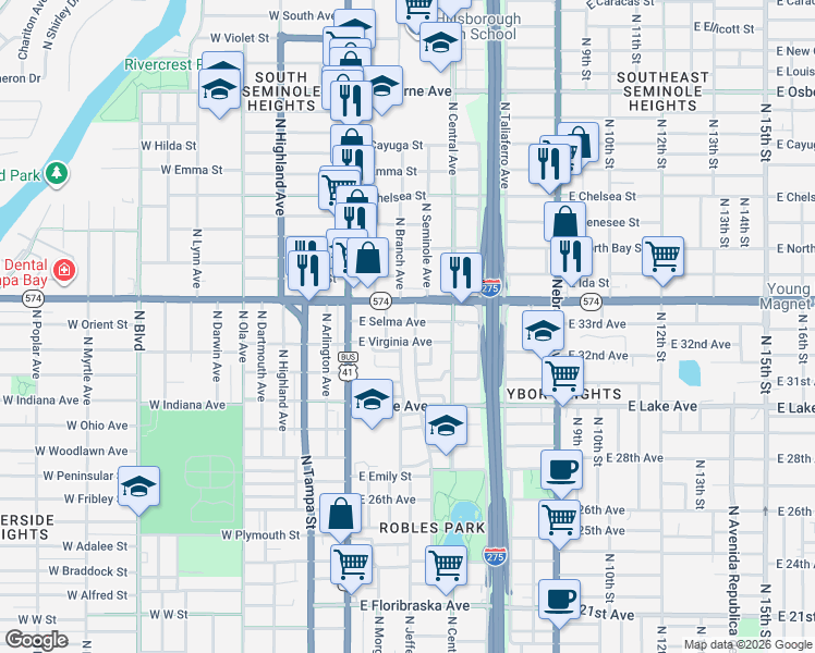map of restaurants, bars, coffee shops, grocery stores, and more near 404 East Selma Avenue in Tampa